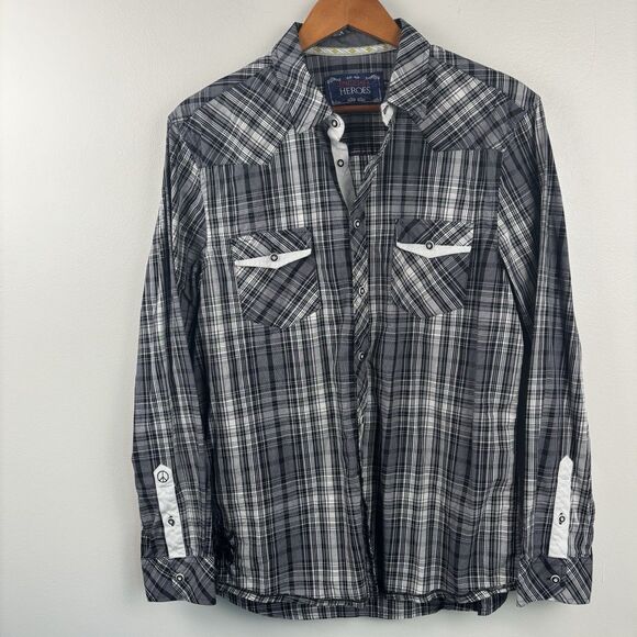 English Hero Men’s Large Shirt Eminence Black Button Up Geometric Cuff Pocket - Picture 2 of 11